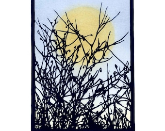Linoleum block carving- landscape view of luminous golden sun through bramble of weeds