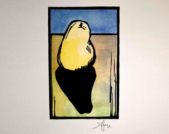 May include: A rectangular print featuring a stylized yellow pear-shaped figure with a black outline. The figure casts a large, solid black shadow against a background of muted yellow and green tones, topped with a horizontal band of blue.