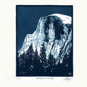 HALF DOME at TWILIGHT - Yosemite Valley linocut, limited edition multi block print. Relief linoleum block carvings, hand carved, hand pulled