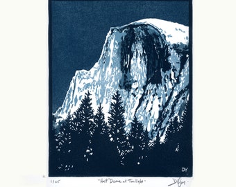 Half Dome Linocut Print: Yosemite Valley Twilight, Limited Edition