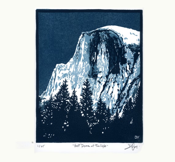 Half Dome Linocut Print: Yosemite Valley Twilight, Limited Edition