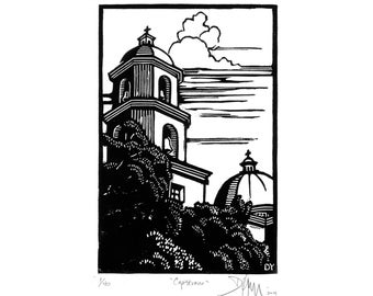 CAPISTRANO DOME - San Juan Capistrano, Original Art Print, linocut, limited edition print, numbered, hand signed, California landscape