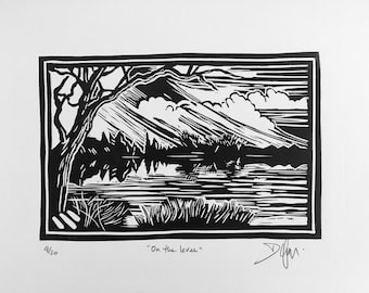 ON THE LEVEE - Linocut, original art print, hand printed, hand signed landscape. Standing on the levee looking across the river.