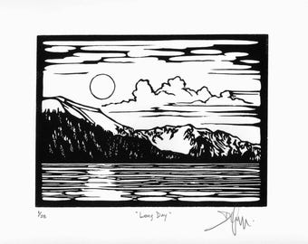 Mountain Lake Linocut Print: Hand-Printed Limited Edition Art