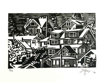 Ketchikan Alaska Linocut Print: Hand Carved Limited Edition