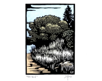 TRAIL BEND - Linocut print of hiking in California. Unique hand printed and signed linocut relief block print, open edition by David Young