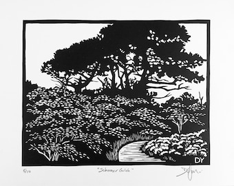 SCHOONER GULCH - Mendocino Coast linocut hand carved and printed in a limited edition. Relief linoprint depicts the trail down to the beach.