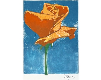 Orange Rose Linocut Print – Hand-Printed Botanical Art