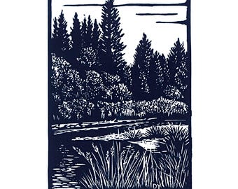 Upper Truckee River Linocut Print: South Lake Tahoe Art