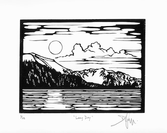 LONG DAY - Mountain Landscape, Original Art Print, Linocut, Hand Printed, Signed, Limited Edition Printmaking, California Lake