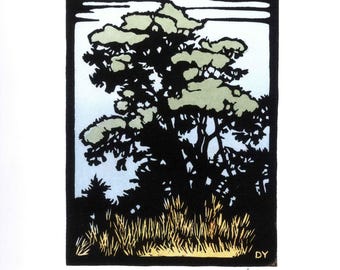 California linocut autumn tree hand printed over a watercolor wash. Linoleum block relief art print