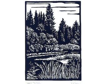 UPPER TRUCKEE river in South Lake Tahoe, California, linocut print, unique hand printed and signed linocut relief block print