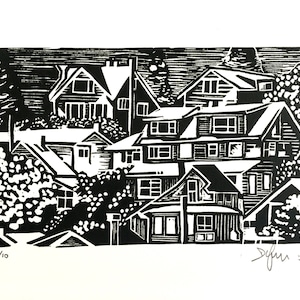 KETCHIKAN - On the water in Alaska the town of Ketchikan is the state&#39;s southeasternmost major settlement. Linocut, hand carved and printed.