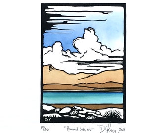 PYRAMID LAKE - Original Art Print, landscape linocut, hand colored, limited edition print, numbered, hand pulled, signed by David Young