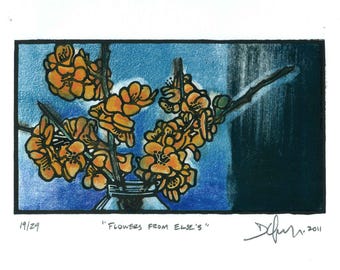 Floral Linocut Art Print: Hand-Colored Limited Edition, Signed