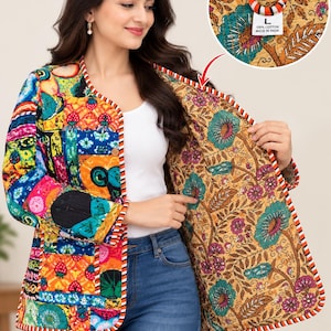 May include: A quilted jacket featuring a vibrant patchwork exterior with colorful floral and geometric patterns. The interior lining displays a tan fabric with a detailed floral print. The jacket has a striped trim and a size L label.