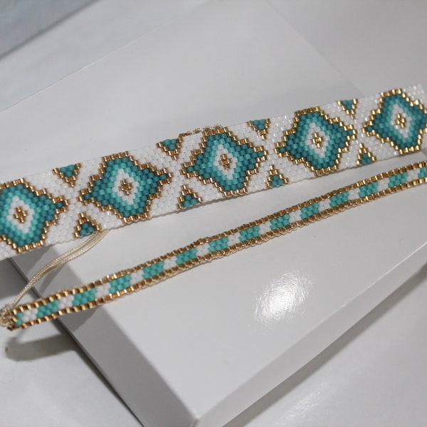 Turquoise Woven Bracelet, Miyuki Jewelry Set, Fashion Wristband, Mothers Day Gift, White Turquoise Armband, Ethnic design cuff, Gift for Her