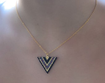 Miyuki black and gold beaded necklace with gold filled chain designed by ZDA,  elegant and unique gift for women