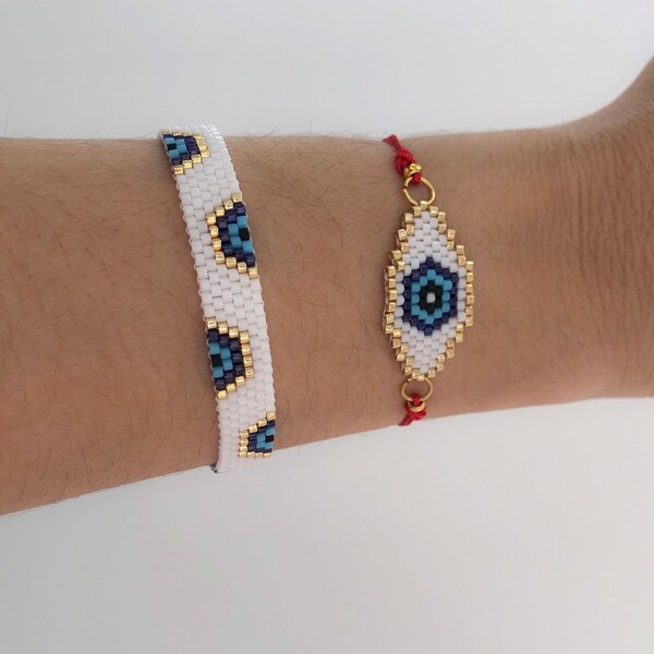 Miyuki evil eye charm bracelet set, unique and chic gift for women, nazar wristband, bead woven armband, statement elegant jewelry