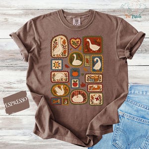 Höstgåslappstickad tröja, folkkonst fågelälskare t-shirt, Thanksgiving Comfort Colors®
