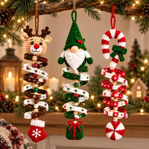 Häkelanleitungsset für weihnachtliche Spiralornamente, Rentier-Gnom & Zuckerstange (PDF)