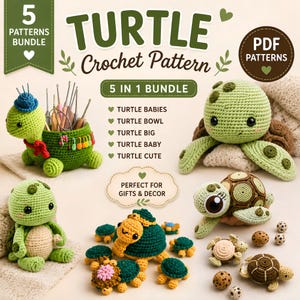 5-Piece Turtle Crochet Pattern Bundle, Amigurumi PDF (Baby, Bowl, Big, Cute)