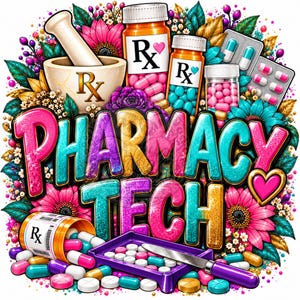 May include: A colorful graphic design featuring the text PHARMACY TECH surrounded by a mortar and pestle, orange prescription bottles filled with pink and blue capsules, blister packs, loose pills, a pill counting tray, and vibrant flowers.
