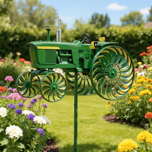 May include: A green and yellow metal tractor garden spinner mounted on a single pole. The tractor features a steering wheel, a seat, and a vertical exhaust pipe. The wheels are designed as rotating blades with alternating green and yellow spokes.