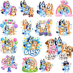 May include: A collection of Bluey character stickers featuring Bluey and Bingo in various scenes, including birthday celebrations, riding a skateboard, playing with a unicorn, and interacting with friends, all rendered in bright, colorful cartoon animation.