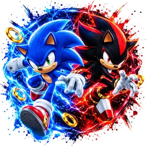 Könnte beinhalten: Eine grafische Illustration mit Sonic the Hedgehog in Blau und Shadow the Hedgehog in Schwarz und Rot. Beide Figuren sind in dynamischen Posen dargestellt, umgeben von leuchtend blauen und roten Energiespritzern, Blitzen und goldenen Ringen.