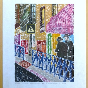 Street Scene - Jerusalem, Original Woodcut, Woodblock Print on Mulberry Paper, Multiple colors printed from multiple blocks