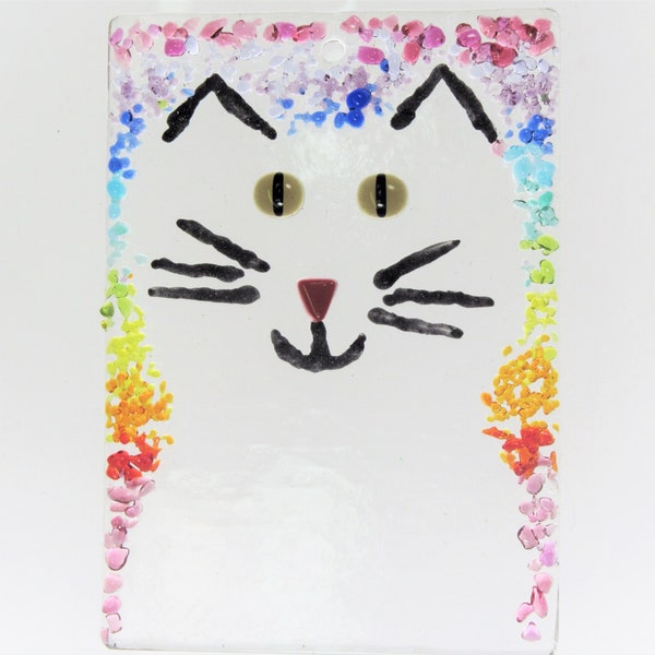 HAPPY  CAT Window, Kiln Fused Stained Glass 2.5 x 3.5" ACEO Sun Catcher, Wall Hanging