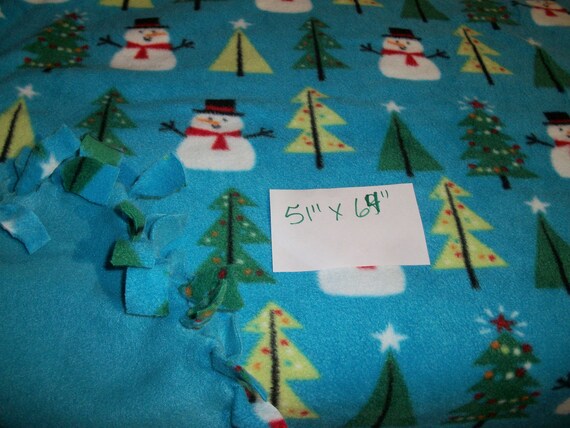 Christmas Snowman Scene on Bright Blue Fleece Blanket Throw Handmade Never Used