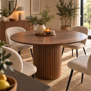 Runt matbord, matbord i valnötsträ, räfflad piedestal, modernt skandinaviskt köksbord, 4–6-sits, 120 cm