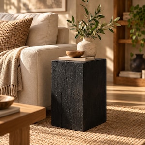 Peut inclure: Une table d'appoint rectangulaire en bois noir massif avec une texture de grain vieilli visible. La surface supérieure supporte un vase en céramique moucheté de couleur claire avec des branches feuillues.