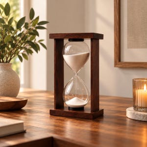 Peut inclure: Un sablier en bois avec une finition brun foncé et deux bulbes en verre transparent contenant du sable blanc. Le cadre se compose d'un haut et d'une base rectangulaires reliés par deux supports verticaux, maintenant le minuteur en verre.