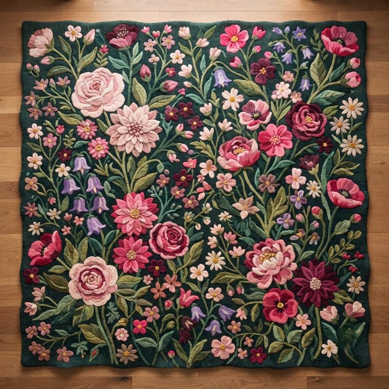 3d Tuffted Rug Hand-tufted Wool Floral Rug, Forest Green Cottagecore Meadow, 3D Carved ...