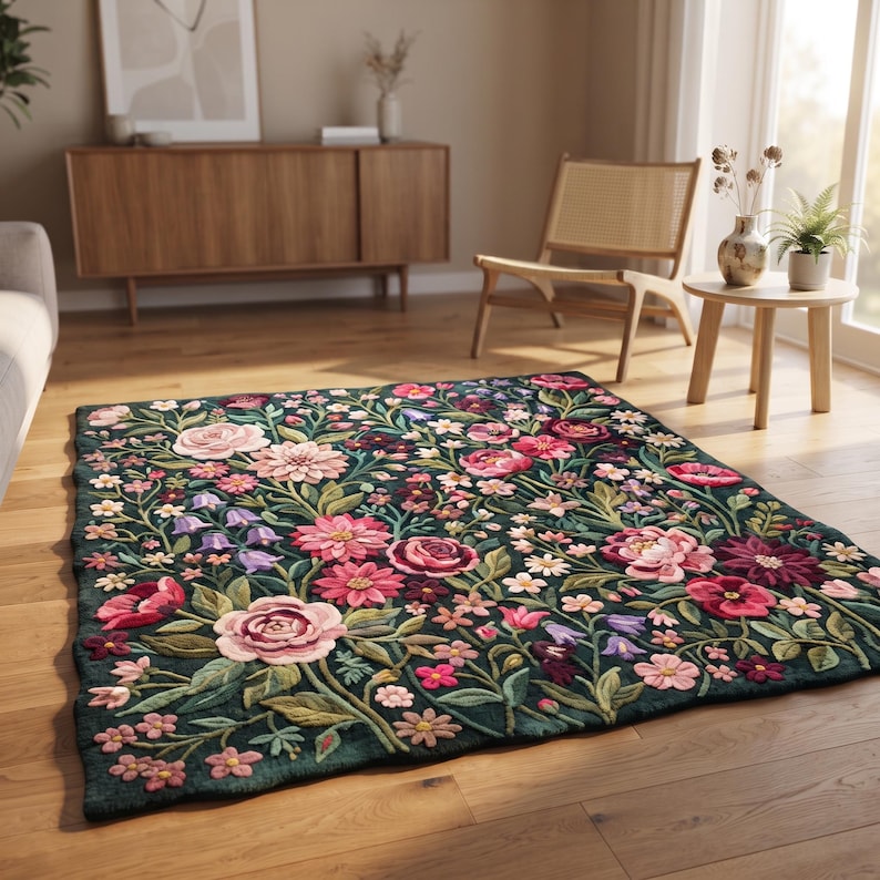 3d Tuffted Rug Hand-tufted Wool Floral Rug, Forest Green Cottagecore Meadow, 3D Carved ...