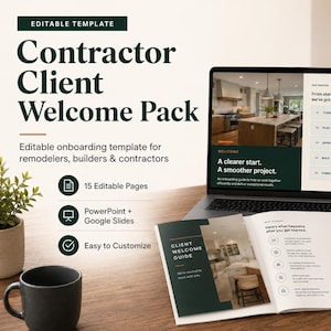 May include: An editable Contractor Client Welcome Pack template displayed on a laptop screen, a tablet, and an open brochure. The design features dark green and cream colours with text including Contractor Client Welcome Pack and 15 Editable Pages.