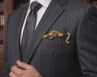 Oxidized Silver Tiger Sculpted Pocket Square Brooch, 3D Metal Blazer Lapel Pin