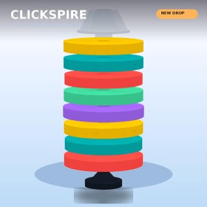 May include: A vertical stack of seven colorful circular discs in yellow, teal, red, light green, purple, yellow, teal, and red, mounted on a black base. The text CLICKSPIRE and NEW DROP appear at the top of the graphic design.