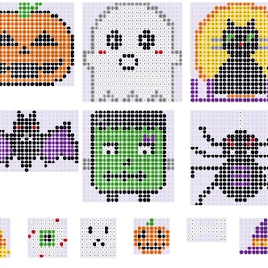 May include: A collection of twelve Halloween-themed fuse bead patterns featuring a pumpkin, ghost, black cat, bat, Frankenstein monster, spider, candy corn, eyeball, small ghost, small pumpkin, bone, and a witch hat on a light grid.