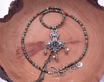 Filigree Necklace: Turquoise, Coral, and Sunstone - Wearable Art