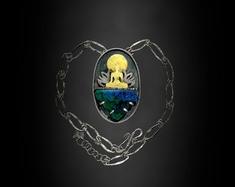 24k Gold Buddha Necklace: Chrome Diopside, Azurite, Keum-Boo Artisan Jewelry
