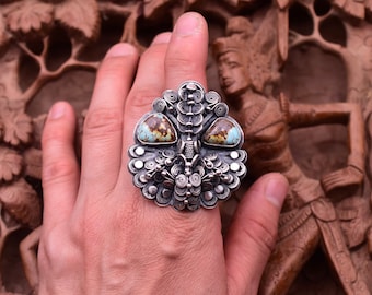 Royston Turquoise Filigree Ring: Statement Jewelry, Size 8