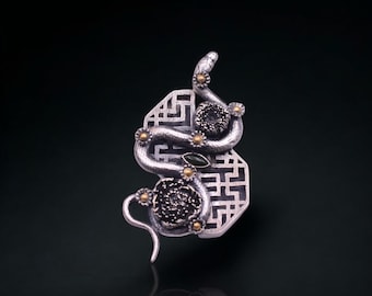 Year of Snake Pendant Brooch: 24k Gold Keum-boo, Nephrite Jade