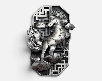 Handmade Sterling Silver Horse Pendant • Chinese Clouds, Lattice Design (Pendant/Brooch)