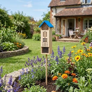 May include: A wooden insect hotel with a bright blue triangular roof, featuring various compartments with bamboo tubes, horizontal slats, and a wire mesh section, mounted on a tall wooden stake positioned in a garden flower bed.