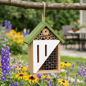 May include: A wooden insect hotel with a green gabled roof and a jute hanging rope. The front features a white panel with two vertical slits, a section of bamboo tubes, a circular wooden disc, and a wire mesh compartment containing a pinecone.