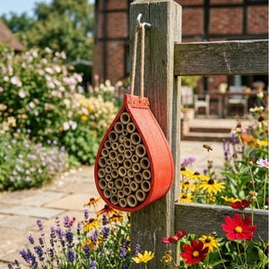 May include: A teardrop-shaped bee house constructed from bright red wood with a natural jute rope hanger. The front panel features a dense arrangement of hollow bamboo tubes of varying diameters, providing nesting sites for solitary bees.